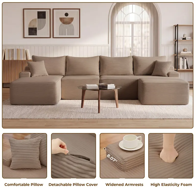 Sofá cama seccional en forma de U de 118 pulgadas con 2 cojines, sofá modular extragrande de 6 plazas, cómodo sofá de pana estilo "nube" con asientos profundos, sofá mullido y acogedor para sala de estar, no requiere montaje.