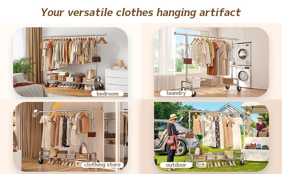 【Summervibes】Raybee Heavy Duty Clothes Rack 75" Extra Wide, 450 LBS Clothing Rack with 4 Hooks, Lockable Wheels, Metal Garment Rack for Bedroom, Laundry Room, Commercial