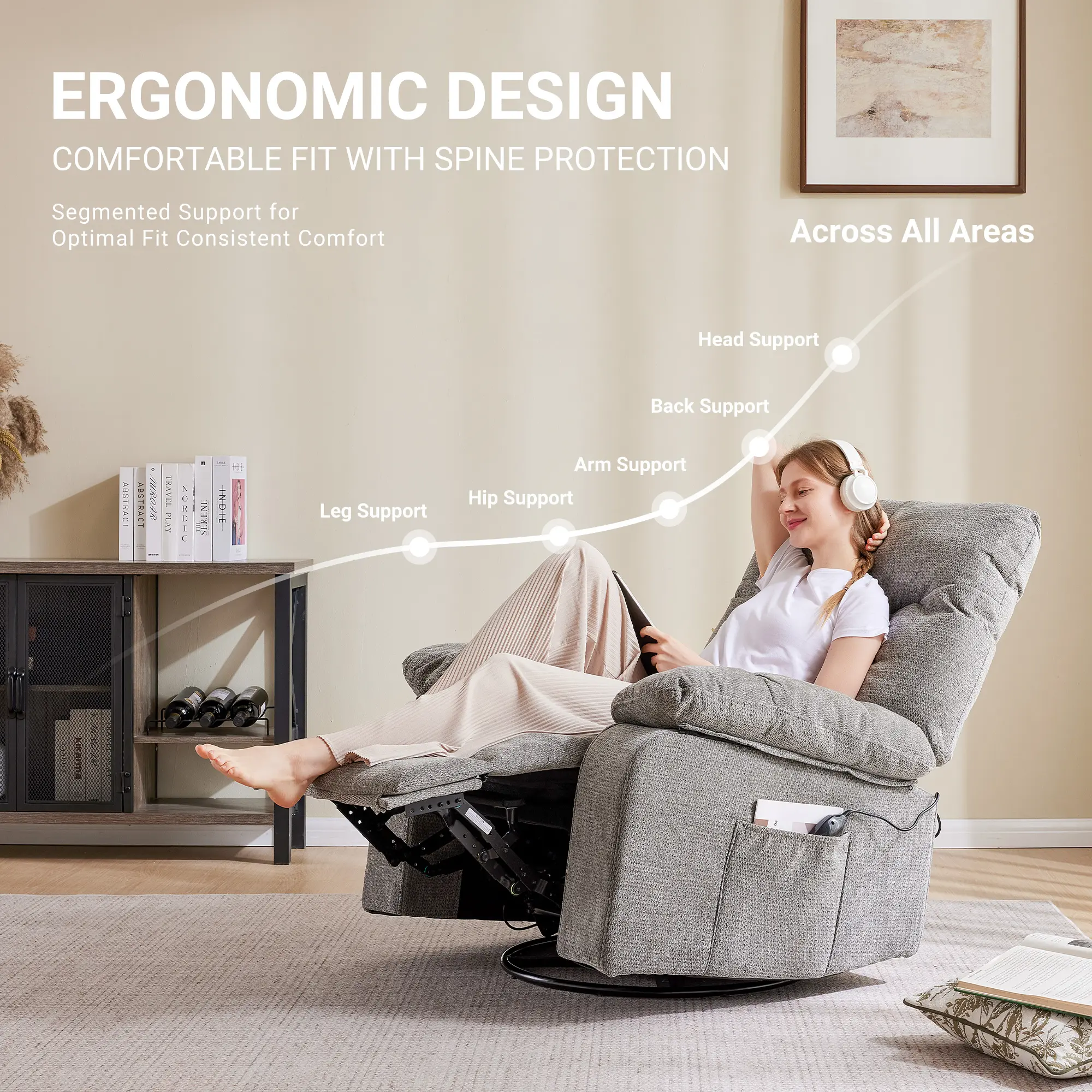 Sillón reclinable mecedor y giratorio con masaje vibratorio y calefacción lumbar; sillón de tela de chenilla con rotación de 270° y reposapiés, ideal para sala de estar y dormitorio.