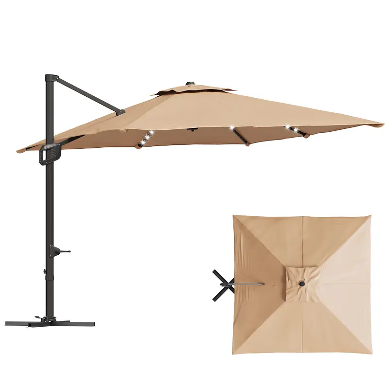 Sombrilla de patio cuadrada y resistente de 10 pies (3 metros) con diseño voladizo de dos niveles, estructura de aluminio, luces LED solares, rotación de 360° y base lastrada; ideal para sombra en jardines, terrazas y piscinas.