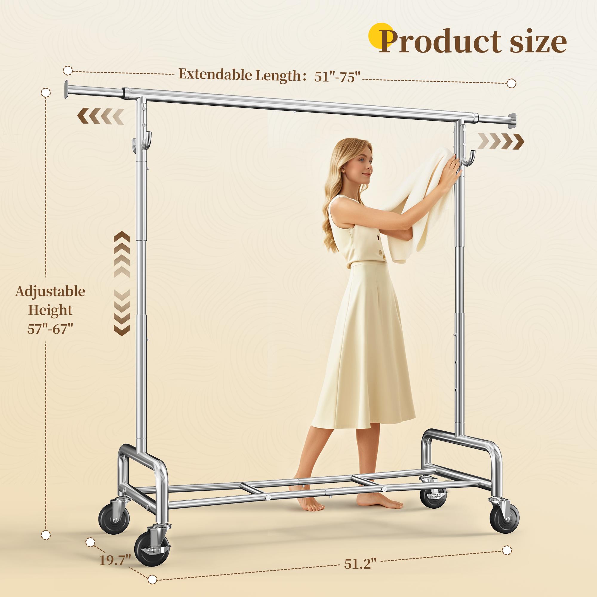 【Summervibes】Raybee Heavy Duty Clothes Rack 75" Extra Wide, 450 LBS Clothing Rack with 4 Hooks, Lockable Wheels, Metal Garment Rack for Bedroom, Laundry Room, Commercial