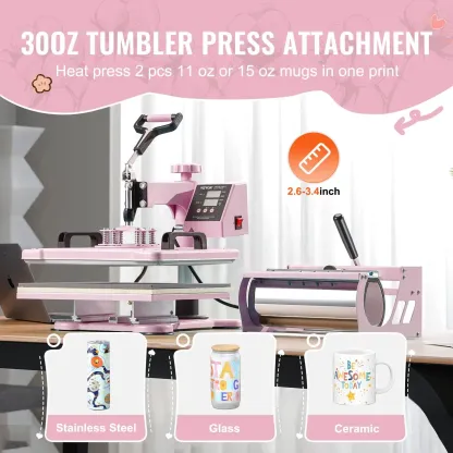 Máquina de prensado térmico, 12 x 15 pulgadas, máquina de transferencia de calor 5 en 1 con prensa para vasos de 30 oz, prensado de camisetas giratorio de 360°, control digital preciso, para camisetas, tazas, gorras y platos, color rosa.