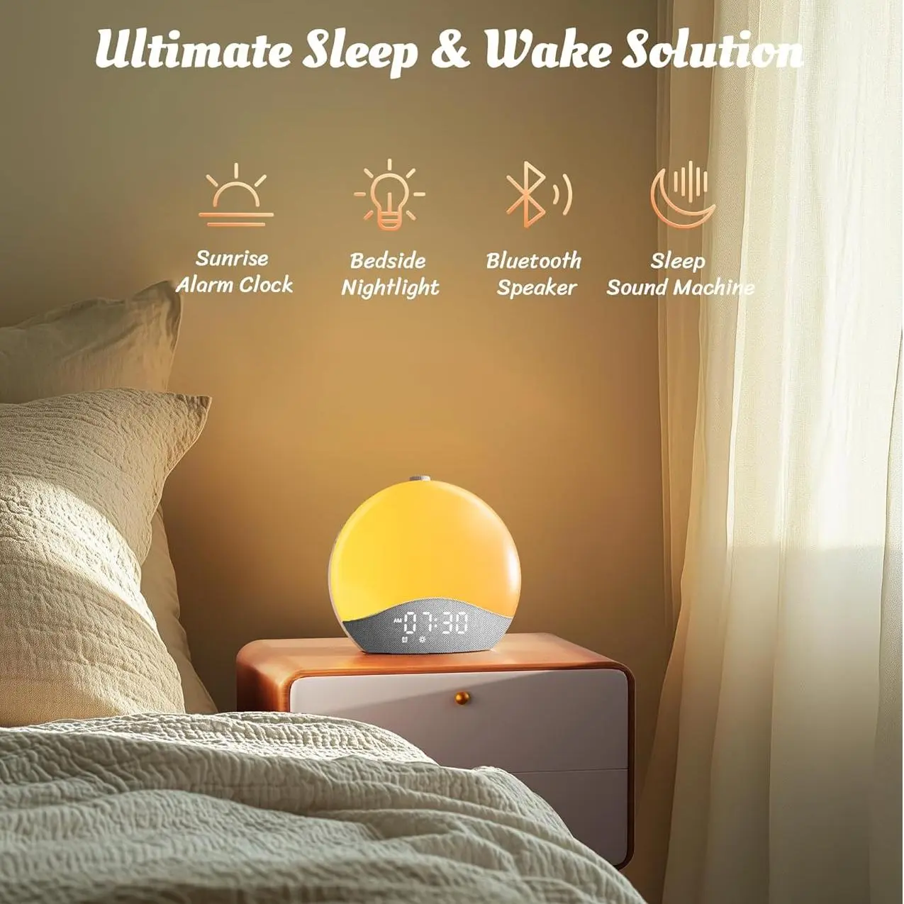 Reloj despertador con simulación de amanecer, máquina de ruido blanco y sonidos para el dormitorio, luz de despertar con altavoz Bluetooth, 26 sonidos para dormir, 17 luces nocturnas, reloj digital con intensidad regulable para adultos y niños.