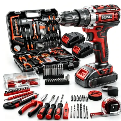 Kit combinado de herramientas eléctricas de 128 piezas con taladro inalámbrico de 21 V y juego de herramientas manuales para el hogar, ideal para instalar cercas, decorar habitaciones y montar muebles.