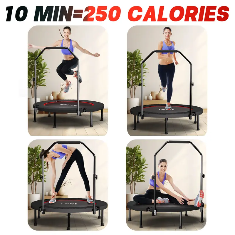 Mini trampolín plegable (soporta hasta 600 lb), Rebounder de fitness de 40 pulgadas con resortes y cuerdas elásticas, con barra de agarre en forma de U ajustable; equipo de ejercicio estable y silencioso para uso en interiores y exteriores, ideal para gim