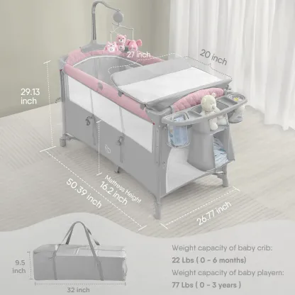 Moisés y cuna de cabecera para bebé, cuna portátil para recién nacidos y bebés, corralito plegable con colchón, cambiador de pañales, móvil musical para la habitación del bebé.