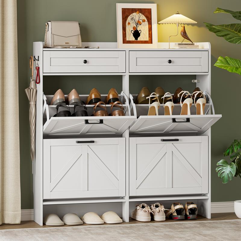 Zapatero para la entrada, mueble estrecho de estilo rústico con 2 cajones abatibles y cajones superiores, estantes ajustables y ganchos; organizador independiente de almacenamiento oculto para pasillos y vestíbulos.