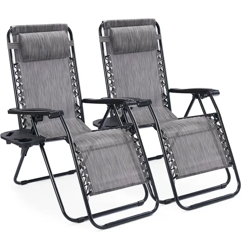 Juego de 2 sillas de gravedad cero: sillones reclinables plegables y portátiles para playa, camping, patio y exteriores, con bandejas portavasos y almohada ajustable.