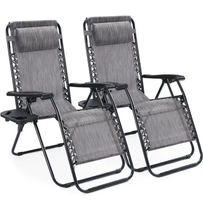 Juego de 2 sillas de gravedad cero: sillones reclinables plegables y portátiles para playa, camping, patio y exteriores, con bandejas portavasos y almohada ajustable.