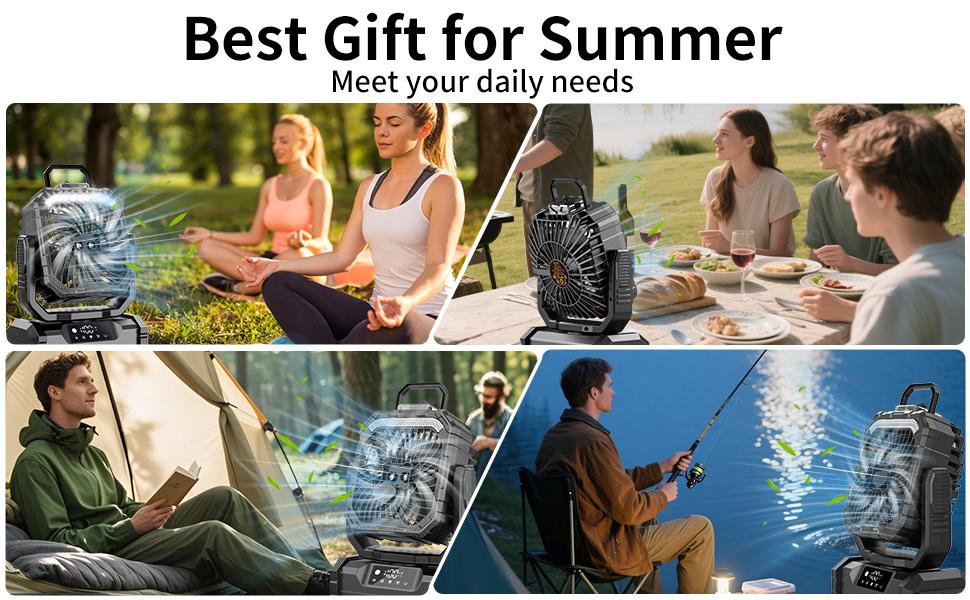 Rechargeable Camping Fan with LED Light, Portable Multi-Function Fan with Spray Humidification, Shaking Head Emergency Camping Fan, Wireless Rotation, Battery Powered, Lightweight and Portable#SummerWins