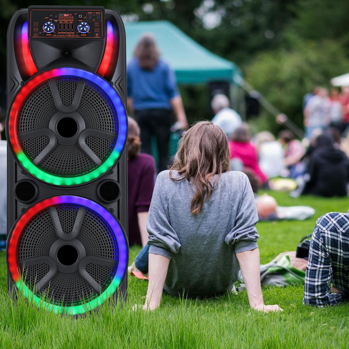 Dual 15 inch Karaoke Speaker System W/ 2 Microphone Portable Party Box Speaker Wireless Bluetooth Stereo Rechargeable Remote Control LED Lighting