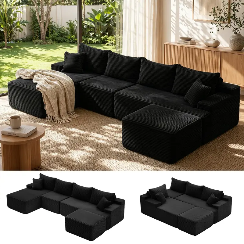 Sofá cama seccional en forma de U de 118 pulgadas con 2 cojines, sofá modular extragrande de 6 plazas, cómodo sofá de pana estilo "nube" con asientos profundos, sofá mullido y acogedor para sala de estar, no requiere montaje.