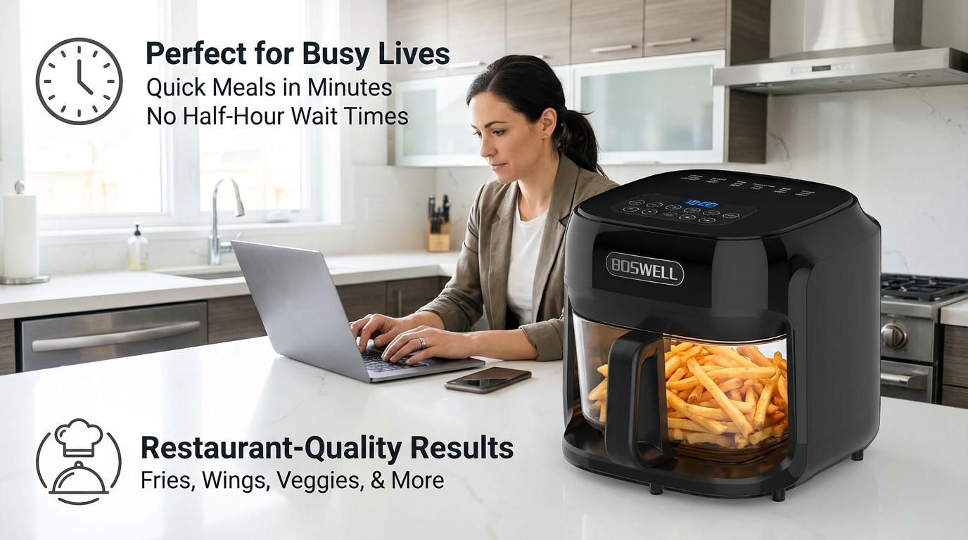 BOSWELL 7.5QT Glass Air Fryer with Transparent Bowl &ndash; 5-in-1 Rapid Heating, Fits a Whole Chicken, Oil-Free & Healthy Crispy Results, Dishwasher-Safe, A Perfect  Gift for Family or Couples
