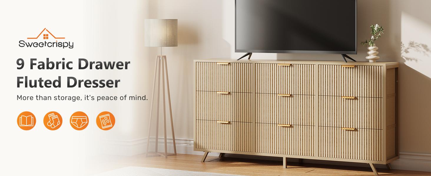 【Deals For You】9 Fabric Drawer Dresser for Bedroom, 57" Fluted Wooden Chest with Fabric Drawers, Modern Media Console & TV Stand for 35/45/55 Inch TV, Large Storage Organizer Cabinet with Reinforced Base