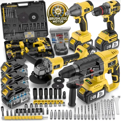 Kit de herramientas eléctricas inalámbricas sin escobillas 4 en 1: martillo perforador rotativo, taladro inalámbrico, amoladora angular inalámbrica y llave de impacto; set combinado de uso intensivo con 3 baterías de 4,0 Ah.