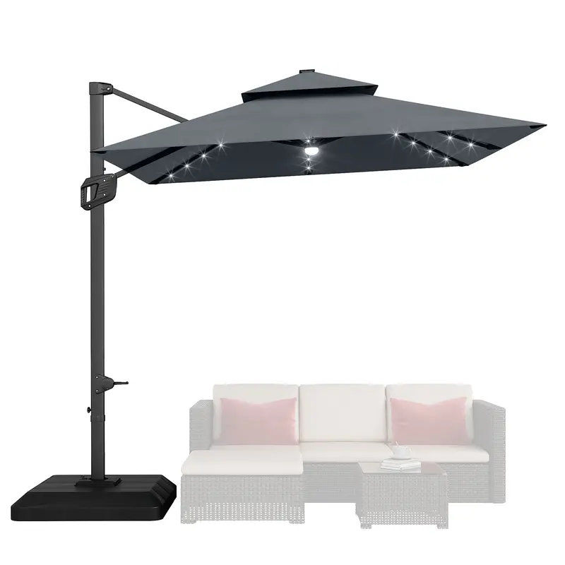 Sombrilla de patio cuadrada y resistente de 10 pies (3 metros) con diseño voladizo de dos niveles, estructura de aluminio, luces LED solares, rotación de 360° y base lastrada; ideal para sombra en jardines, terrazas y piscinas.