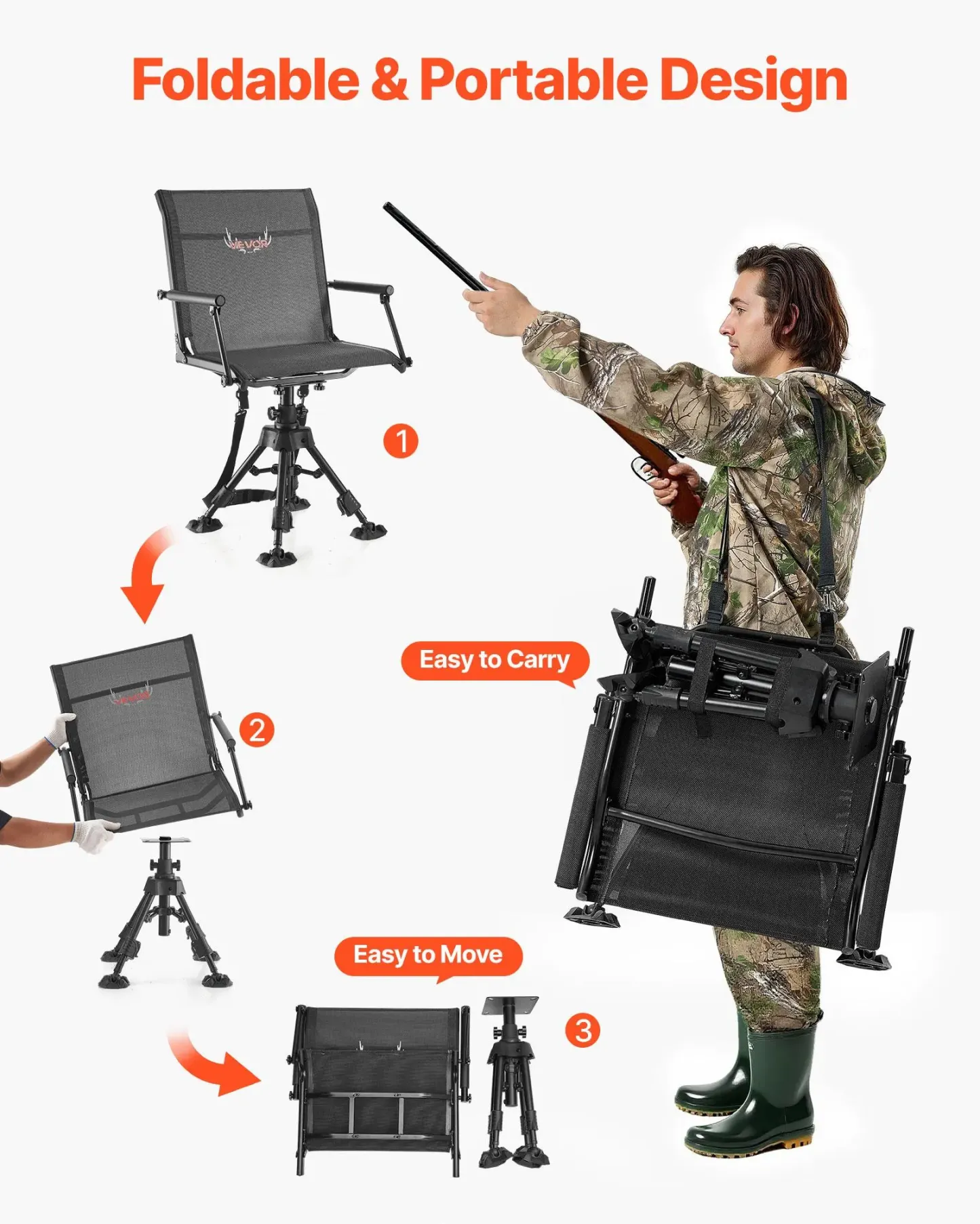 Silla de caza, giratoria silenciosa de 360°, plegable y portátil, con estructura de acero resistente, reposabrazos, patas antideslizantes, altura ajustable, capacidad de 159 kg (350 lbs) para pesca y acampada.