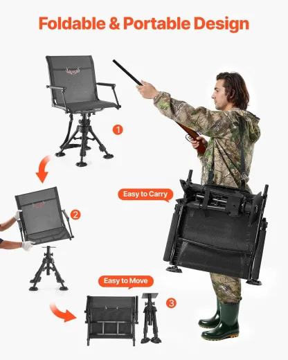 Silla de caza, giratoria silenciosa de 360°, plegable y portátil, con estructura de acero resistente, reposabrazos, patas antideslizantes, altura ajustable, capacidad de 159 kg (350 lbs) para pesca y acampada.