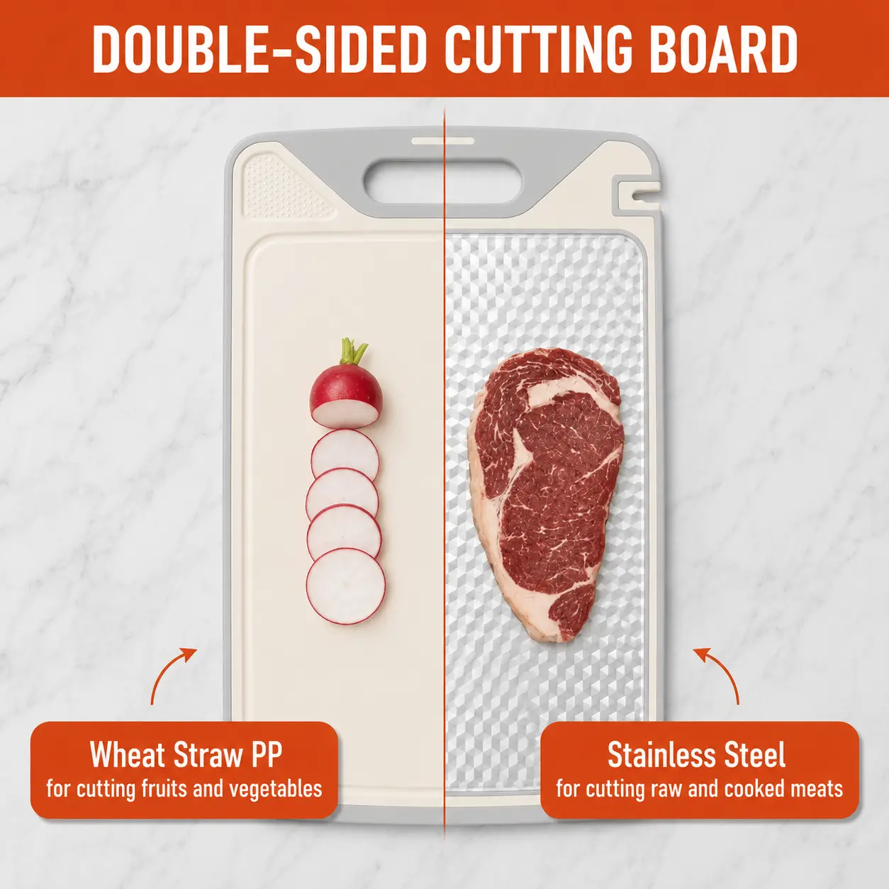 Tabla de cortar compacta 2 en 1 de acero y PP no tóxico de doble cara con afilador de cuchillos, tabla de cortar de verduras duradera y fácil de limpiar para carne, compatible con cuchillos.