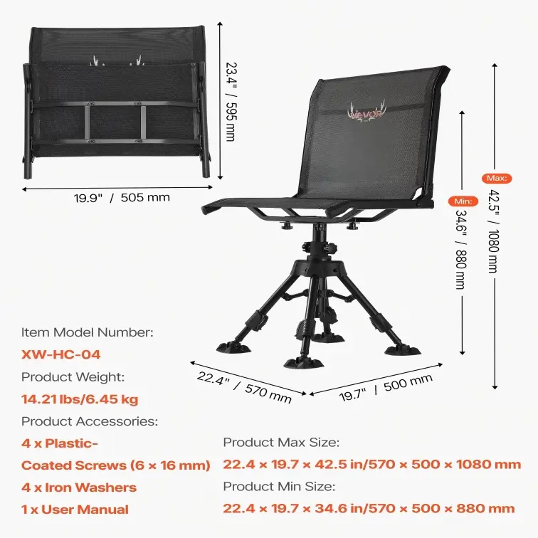 Silla de caza, giratoria silenciosa de 360°, plegable y portátil, con estructura de acero resistente, reposabrazos, patas antideslizantes, altura ajustable, capacidad de 159 kg (350 lbs) para pesca y acampada.