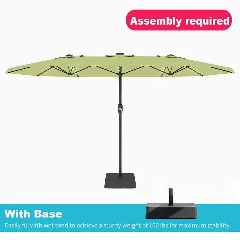Sombrilla rectangular extragrande para patio de 15 pies (4,5 m), parasol LED para exteriores con protección UV y diseño resistente al viento; incluye manivela y base lastrada; toldo de fácil montaje para jardín, terraza o piscina.