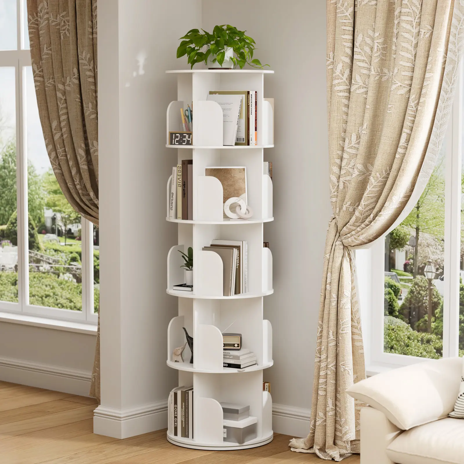 Estantería esquinera giratoria de 360° con 3/4/5 niveles, ideal para organizar y ahorrar espacio en dormitorio o sala.