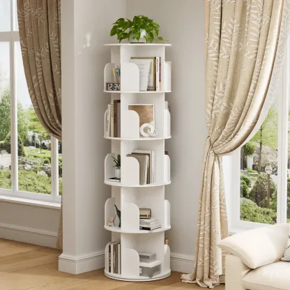 Estantería esquinera giratoria de 360° con 3/4/5 niveles, ideal para organizar y ahorrar espacio en dormitorio o sala.