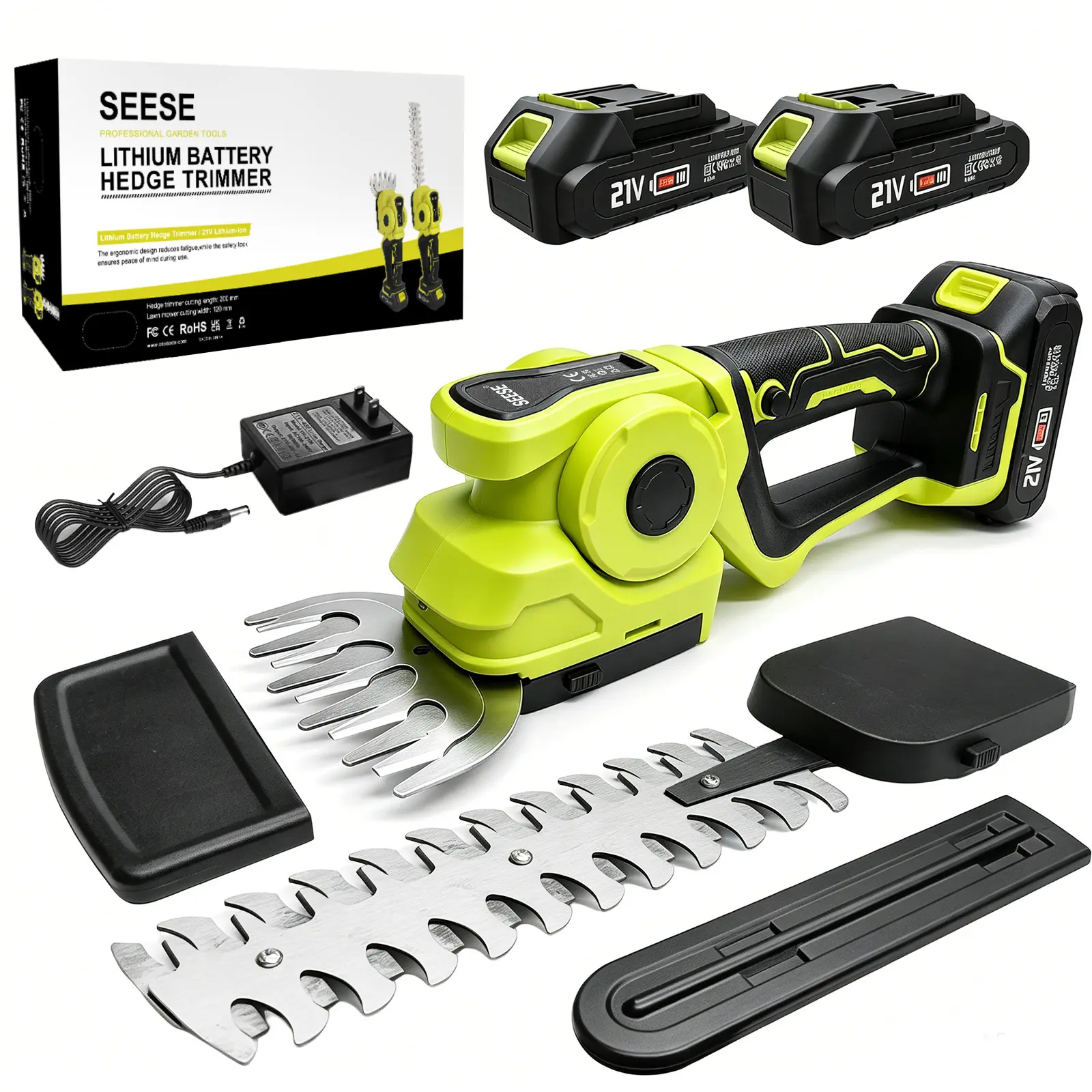 Tijeras cortacésped y cortasetos inalámbricos 2 en 1, cortasetos eléctrico portátil, 2 baterías de 21 V, ligero, ideal para el mantenimiento de césped, setos y jardines.