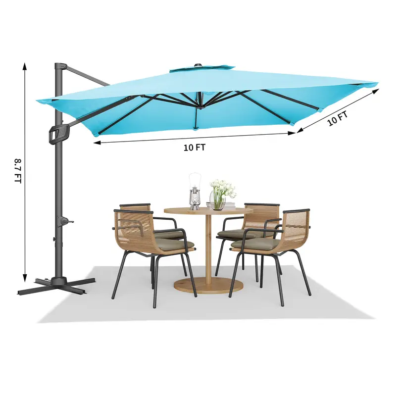 Sombrilla de patio cuadrada y resistente de 10 pies (3 metros) con diseño voladizo de dos niveles, estructura de aluminio, luces LED solares, rotación de 360° y base lastrada; ideal para sombra en jardines, terrazas y piscinas.