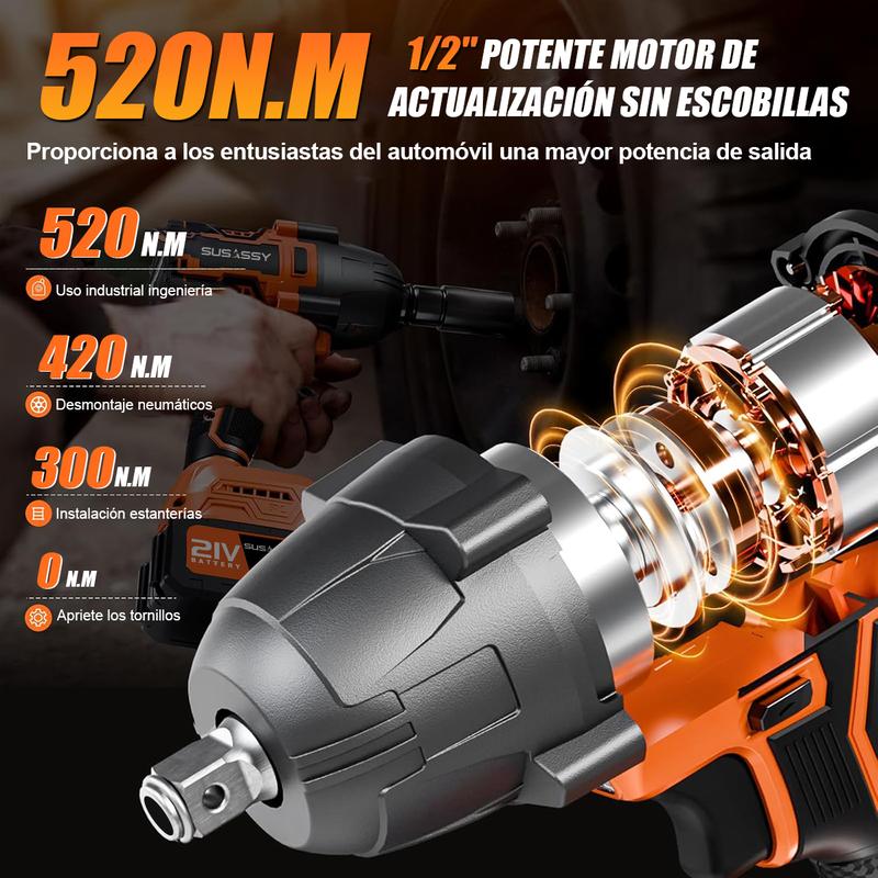 3 EN 1 Pistola Llave De Impacto Inalámbrico 21V 650W con 2 Baterías 7500mAh 520 Nm Torque 1/2 Mandril Luz LED Incorporada y Adaptador de Corriente Incluido