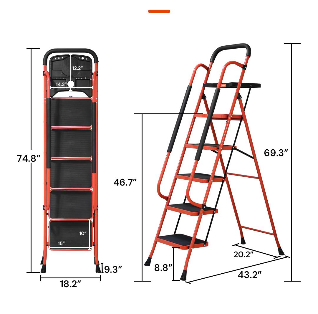 Sekam Lightweight Foldable 5-Step Ladder - 800 LBS Capacity, Portable Collapsible Design with Handrail & Tool Tray, Ideal for Kitchen & DIY Home Improvement Projects (Folding Steps Included), Lightweight Foldable Ladder, Portable Collapsible Ladder