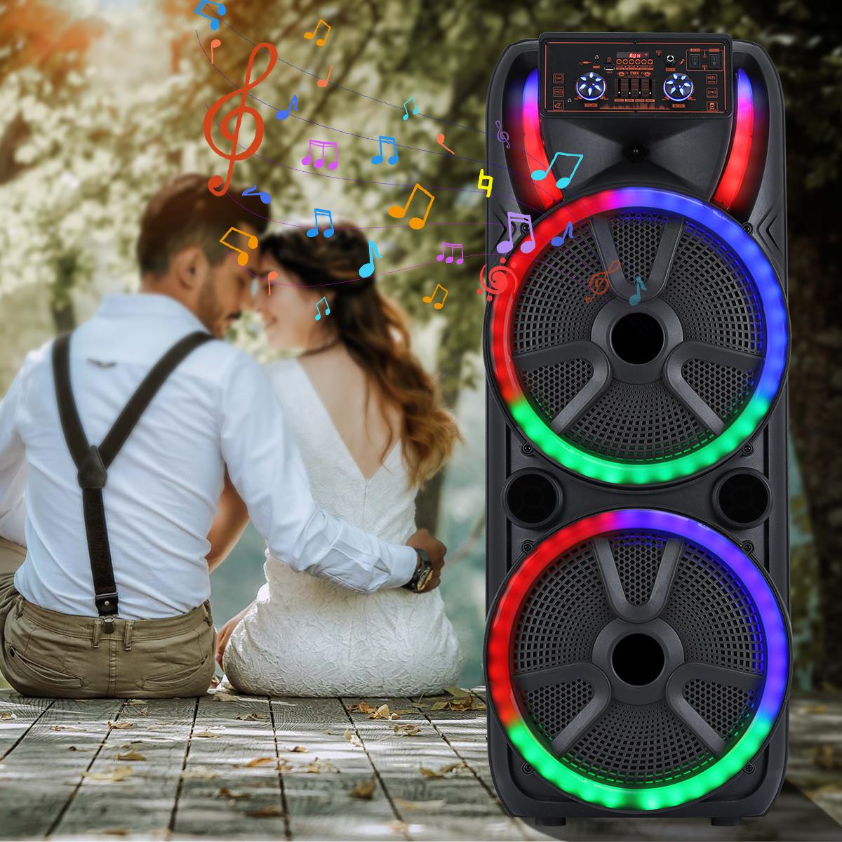 Dual 15 inch Karaoke Speaker System W/ 2 Microphone Portable Party Box Speaker Wireless Bluetooth Stereo Rechargeable Remote Control LED Lighting
