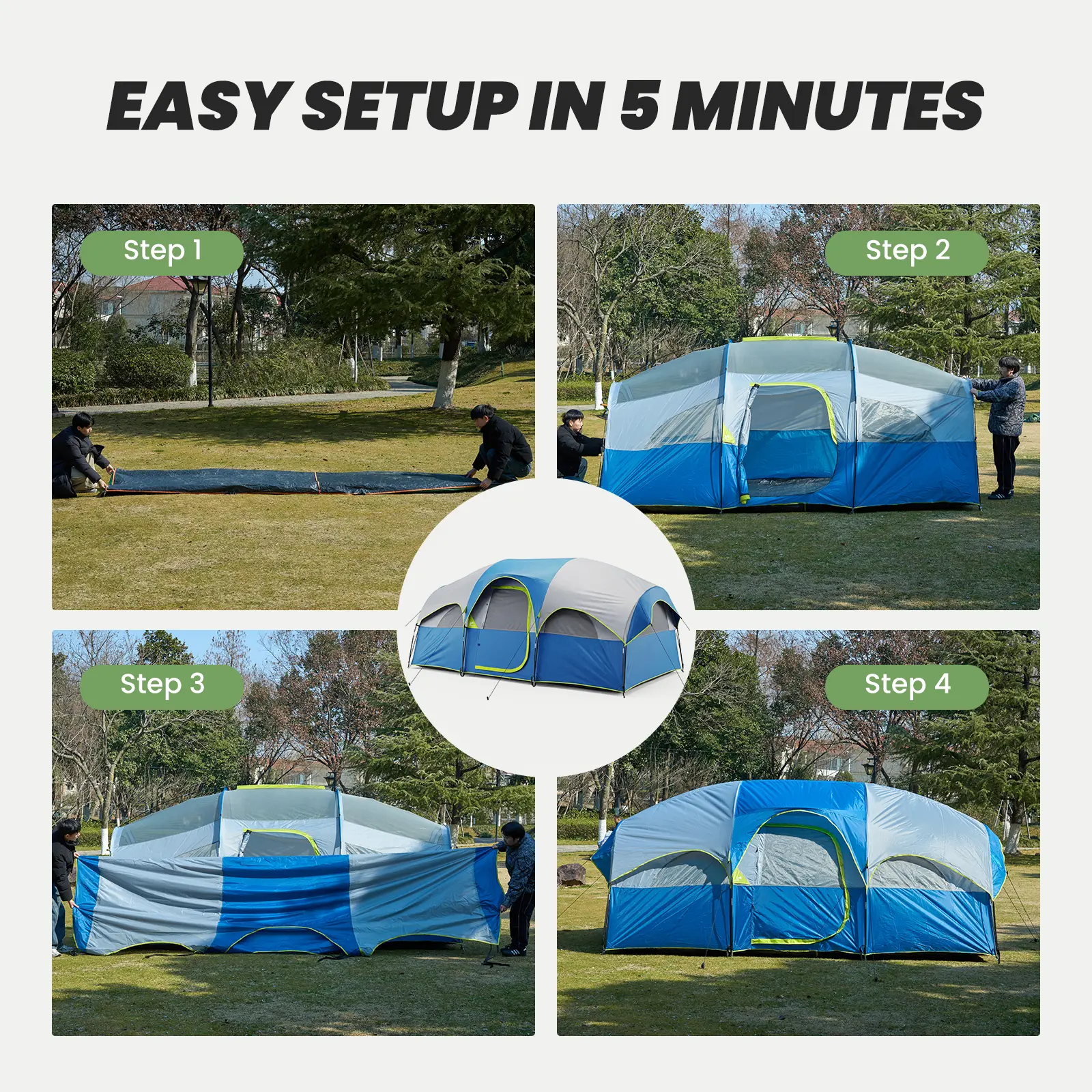 Tienda de campaña familiar extra grande de 169 pulgadas para 8 personas — 14 pies x 9 pies x 78 pulgadas de altura — Tienda para exteriores impermeable y resistente al viento, con acceso para cable eléctrico y montaje fácil en 5 minutos; ideal para sender