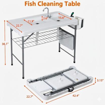 Estación de preparación multiusos para exteriores «Todo en 1» — Mesa ligera, portátil y plegable (PE y acero) con patas abatibles, doble fregadero, grifo y rejilla de soporte. Capacidad de carga de 660 lb. Ideal para la limpieza de pescado, barbacoas y ca