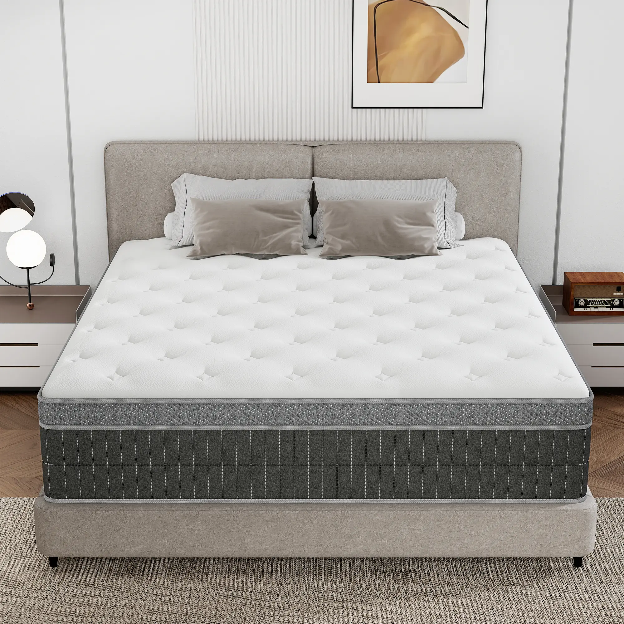 Colchón Híbrido de 12" o 14" para Twin, Full, Queen y King, Espuma Viscoelástica con Resortes Ensacados, Firmeza Media, Soporte por Zonas, Suave y Cómodo, Alivio de Presión, Certificado CertiPUR-US, Empacado al Vacío en Caja