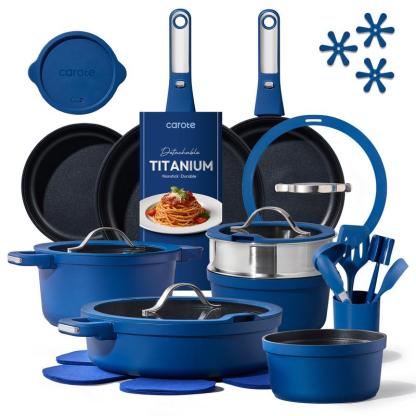 [Oficial] Juego de 30 piezas de ollas y sartenes antiadherentes en azul zafiro — Batería de cocina antiadherente apta para lavavajillas, horno y refrigerador — Utensilios de cocina con mango extraíble, aptos para horno (ideal para caravanas) — Juego de co