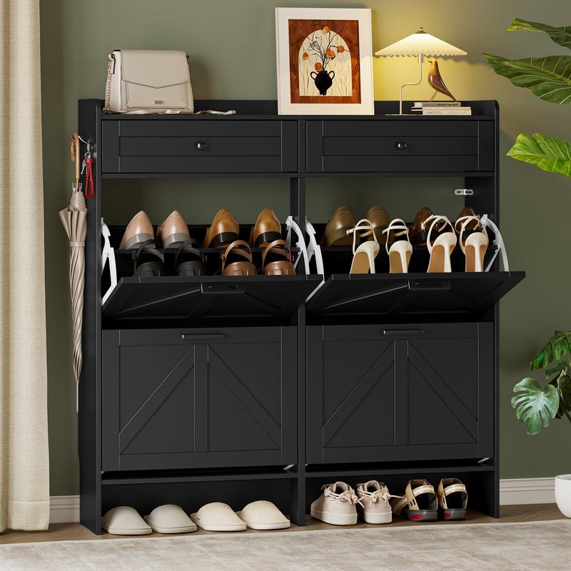 Zapatero para la entrada, mueble estrecho de estilo rústico con 2 cajones abatibles y cajones superiores, estantes ajustables y ganchos; organizador independiente de almacenamiento oculto para pasillos y vestíbulos.