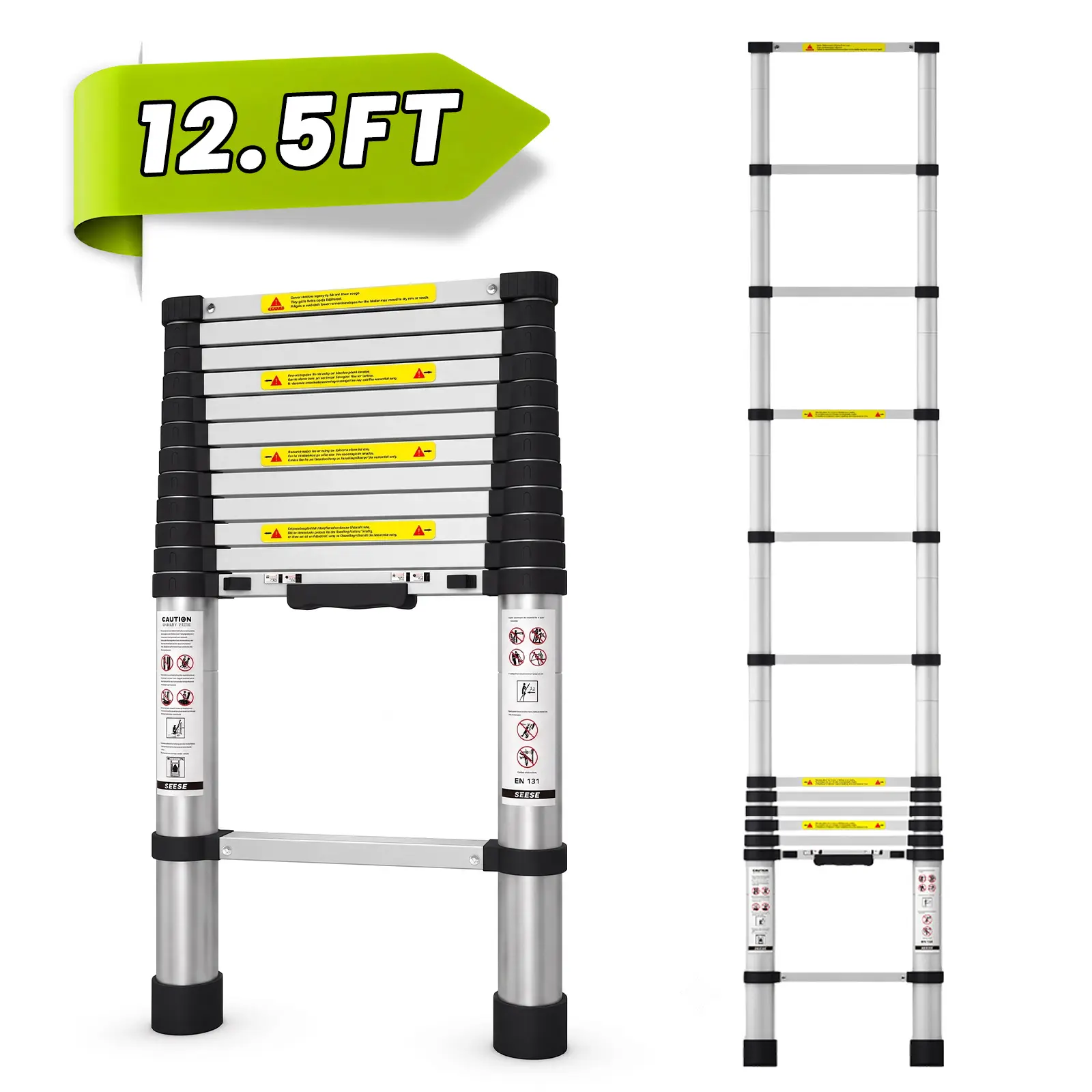 Escalera telescópica de aluminio de 12,5 pies, plegable y portátil, capacidad de 330 lb, con pies antideslizantes, ideal para hogar, RV y uso doméstico.