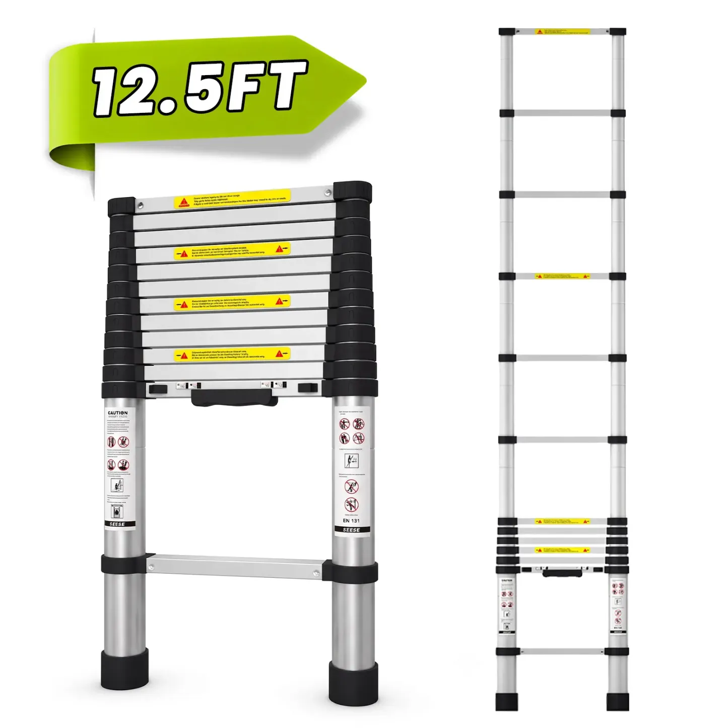 Escalera telescópica de aluminio de 12,5 pies, plegable y portátil, capacidad de 330 lb, con pies antideslizantes, ideal para hogar, RV y uso doméstico.