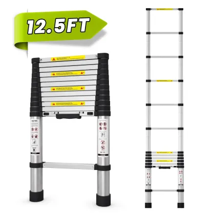 Escalera telescópica de aluminio de 12,5 pies, plegable y portátil, capacidad de 330 lb, con pies antideslizantes, ideal para hogar, RV y uso doméstico.