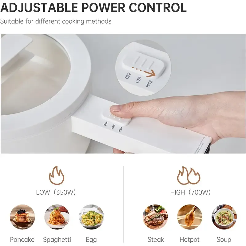 Mini olla eléctrica portátil de 1,5 L con revestimiento cerámico antiadherente y doble potencia, ideal para cocinar arroz, huevos, sopas y ramen.