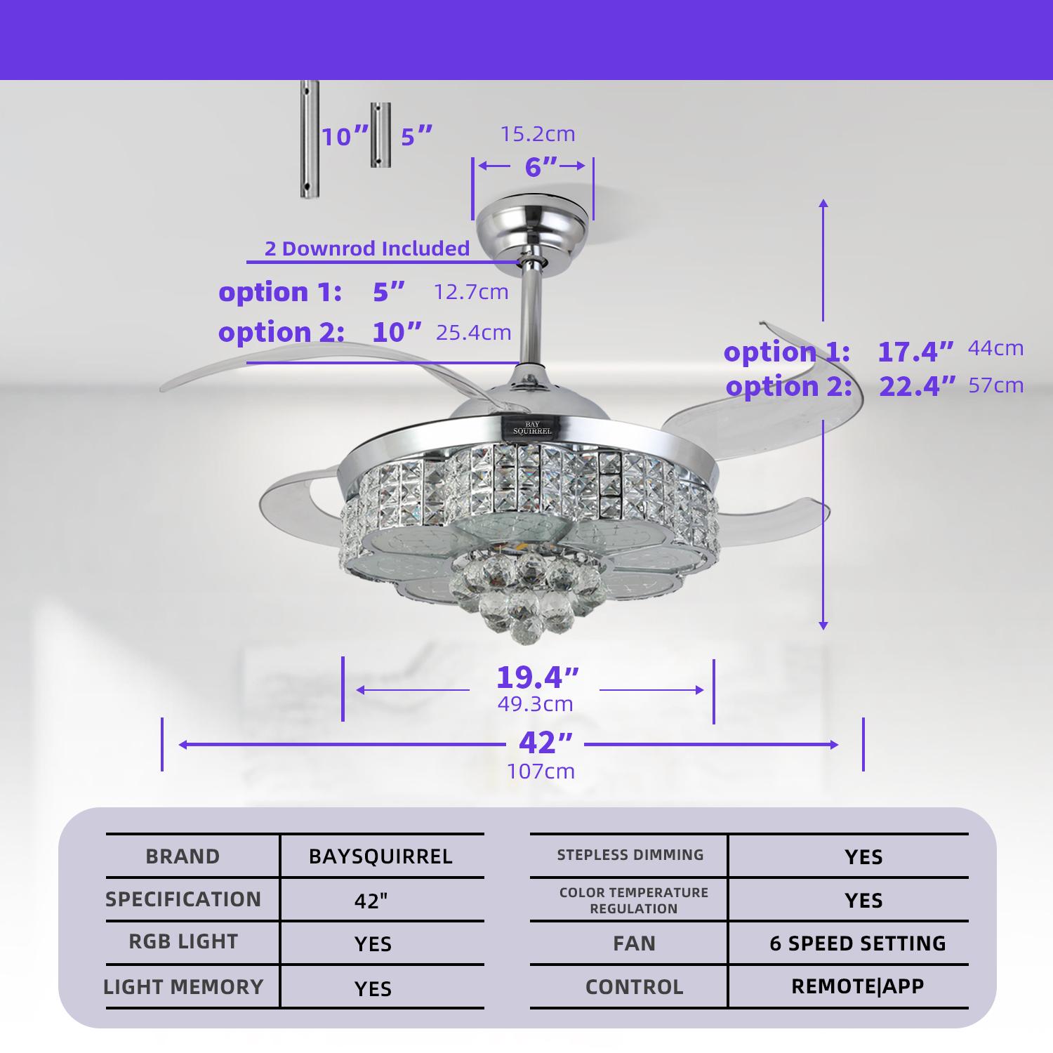 BAYSQUIRREL Retractable Crystal Ceiling Fan with Speaker, Remote/APP Control, 6-Speed Reversible RGB Multicolored Light, Adjustable LEDs, Colorful Lights, Color Changing Nightlight, Room Decor Gift