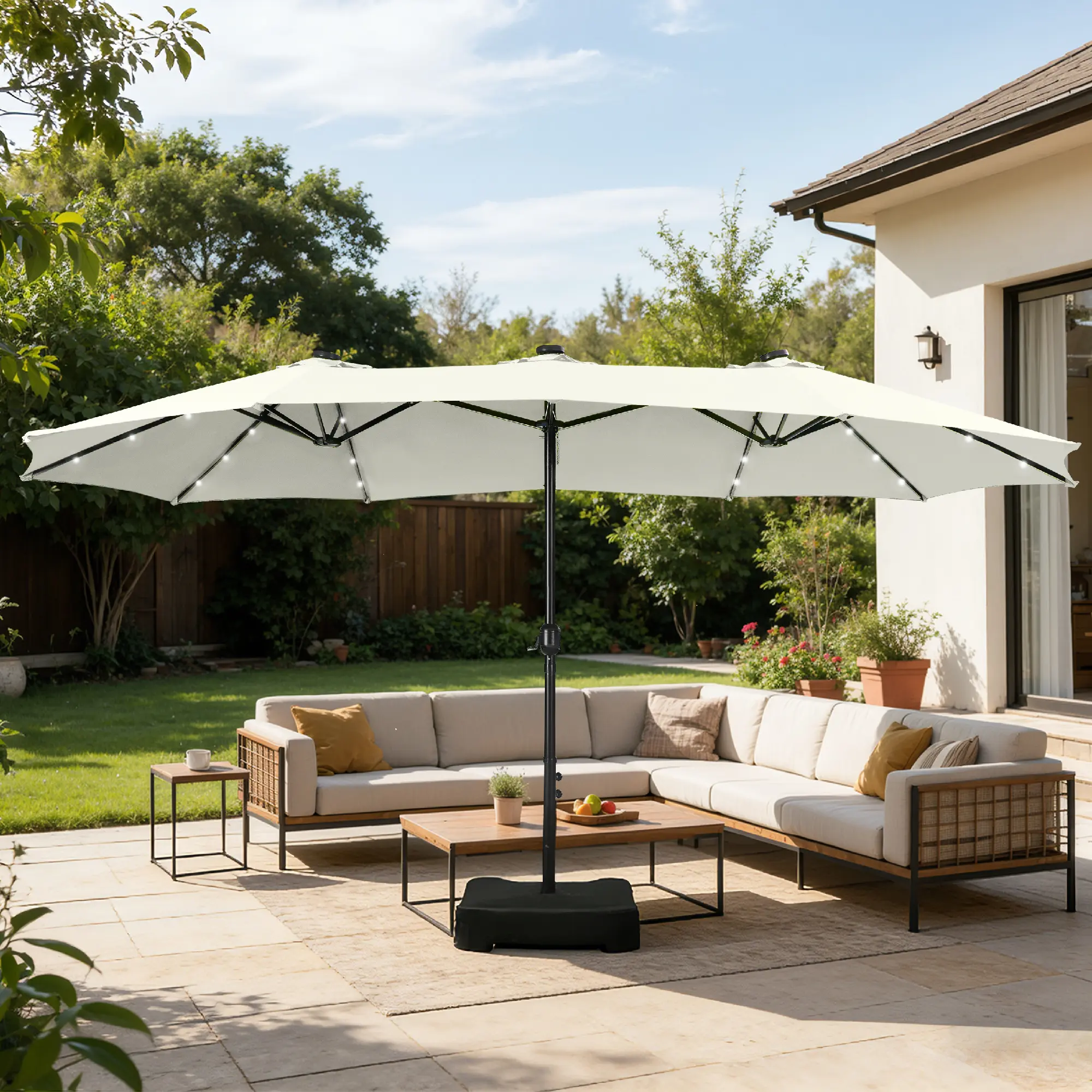 Sombrilla grande para patio de 15 pies con base – Opción con luces LED, doble cara, manivela, impermeable. Incluye base con peso y bolsa de arena. Capacidad para hasta 10 personas, ideal para piscina, jardín, césped, patio, terraza y playa.