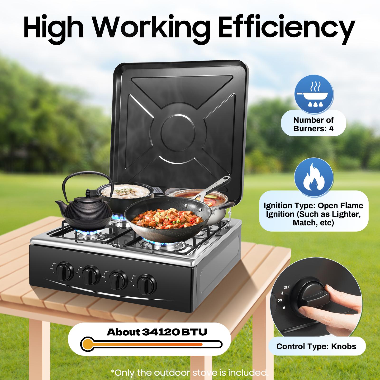 4 Burner Freestanding Gas Stove NG LPG Outdoor Camping Portable Cooktop with 4 Knobs Manual Ignition for RV Travel Emergency Preparedness Family Use
