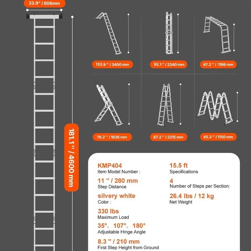 Escalera plegable multiusos, escalera extensible alta 7 en 1, escalera telescópica de 5 peldaños con estructura en A, escalera ajustable de alta resistencia con alcance de 5,8 m (19 pies), capacidad de 150 kg (330 lbs) para uso doméstico y exterior.