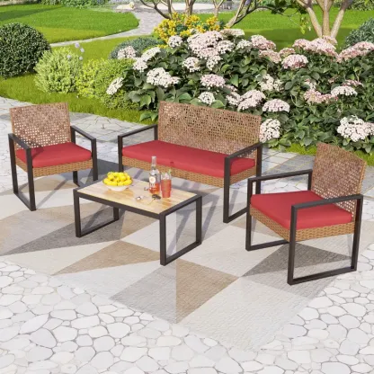 Juego de muebles de mimbre para patio y exteriores, con sofá de dos plazas y sillas de ratán acolchados, y mesa de centro de madera de acacia. Asientos elegantes y resistentes a la intemperie, ideales para jardín, patio trasero y zona de piscina — SpringG