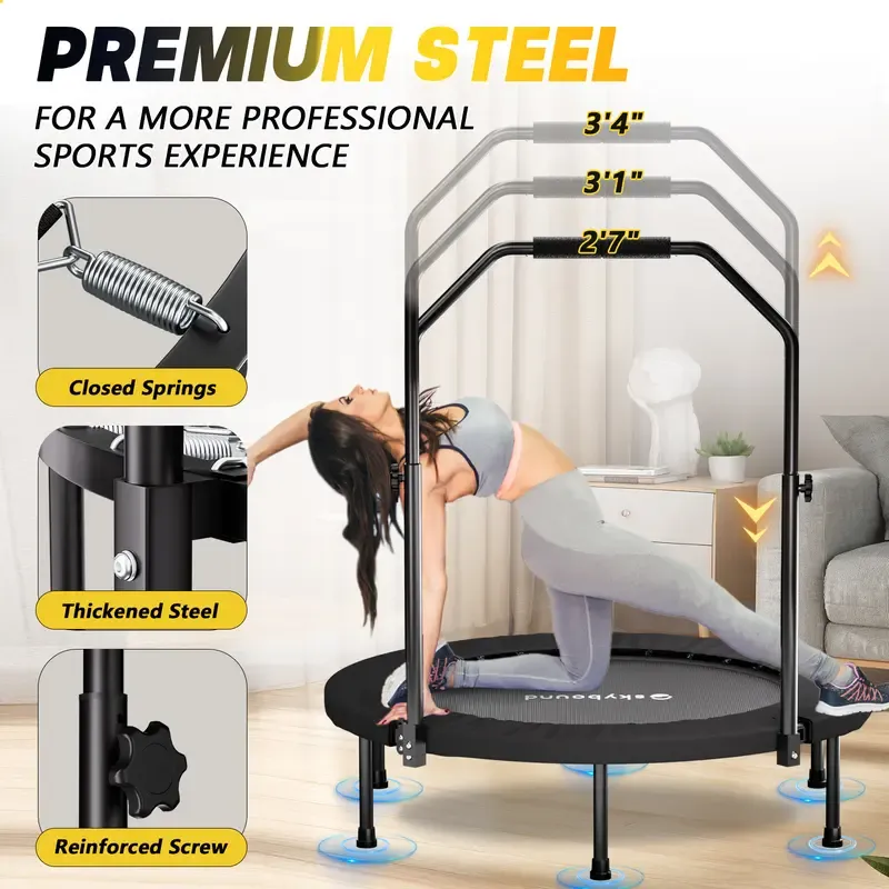 Mini trampolín plegable (soporta hasta 600 lb), Rebounder de fitness de 40 pulgadas con resortes y cuerdas elásticas, con barra de agarre en forma de U ajustable; equipo de ejercicio estable y silencioso para uso en interiores y exteriores, ideal para gim