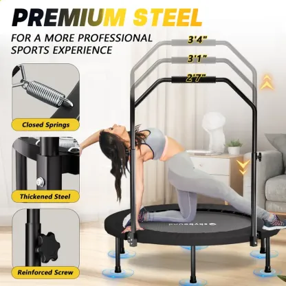 Mini trampolín plegable (soporta hasta 600 lb), Rebounder de fitness de 40 pulgadas con resortes y cuerdas elásticas, con barra de agarre en forma de U ajustable; equipo de ejercicio estable y silencioso para uso en interiores y exteriores, ideal para gim