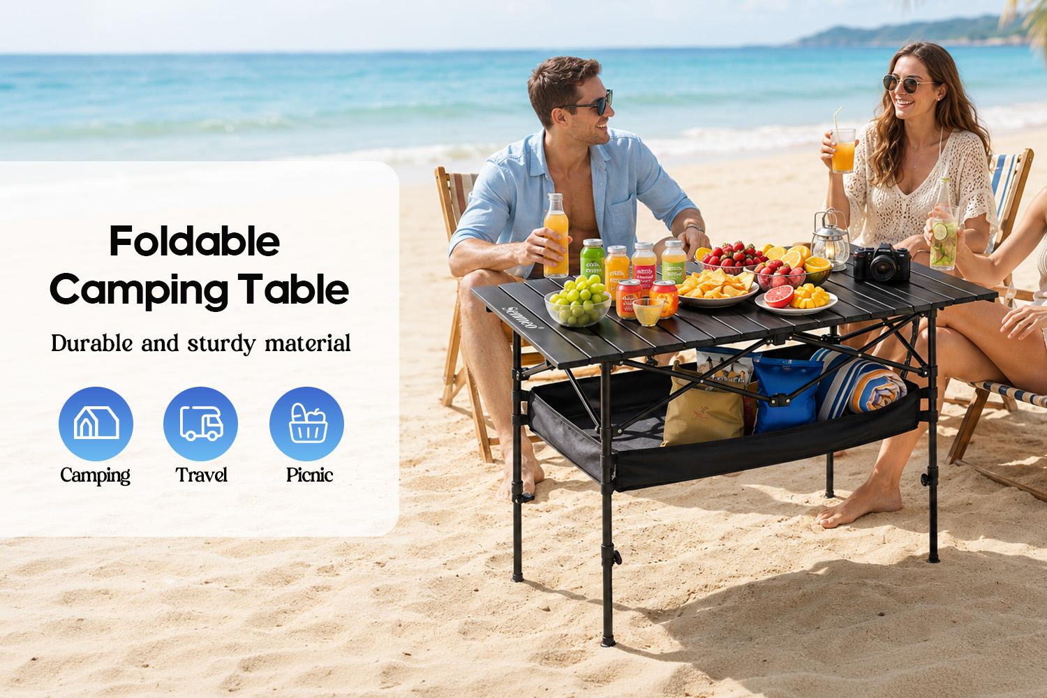 [Upgraded] Senmeo Foldable Outdoor Camping Table Height Adjustable-More Stable! with Mesh Storage Bag And Carrying Bag, Portable Aluminum Rolling Table for Indoor, Outdoor, Camping, Beach, Backyard, Barbecue, Party, Patio, Picnic-Easy to Store