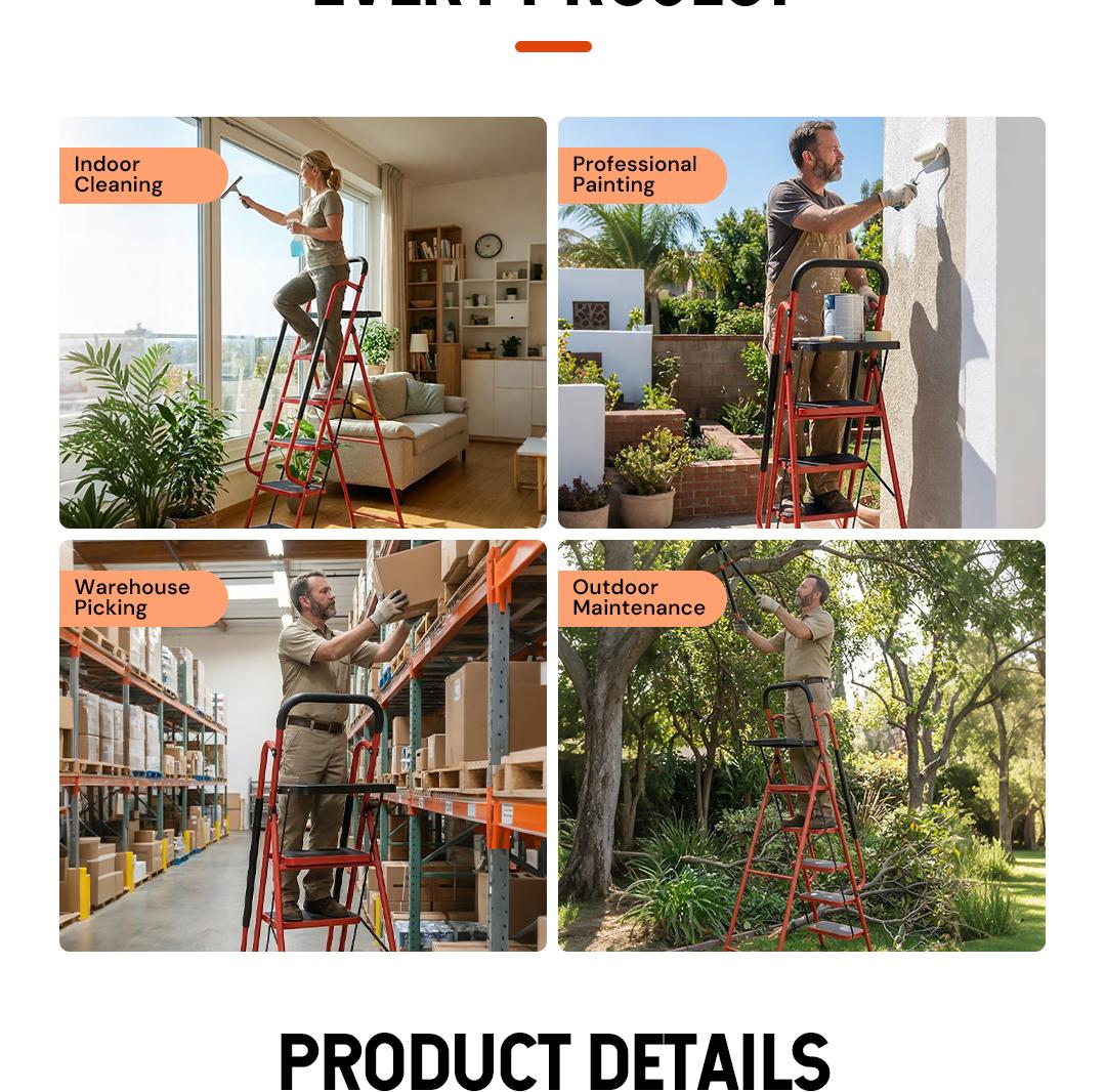 Sekam Lightweight Foldable 5-Step Ladder - 800 LBS Capacity, Portable Collapsible Design with Handrail & Tool Tray, Ideal for Kitchen & DIY Home Improvement Projects (Folding Steps Included), Lightweight Foldable Ladder, Portable Collapsible Ladder